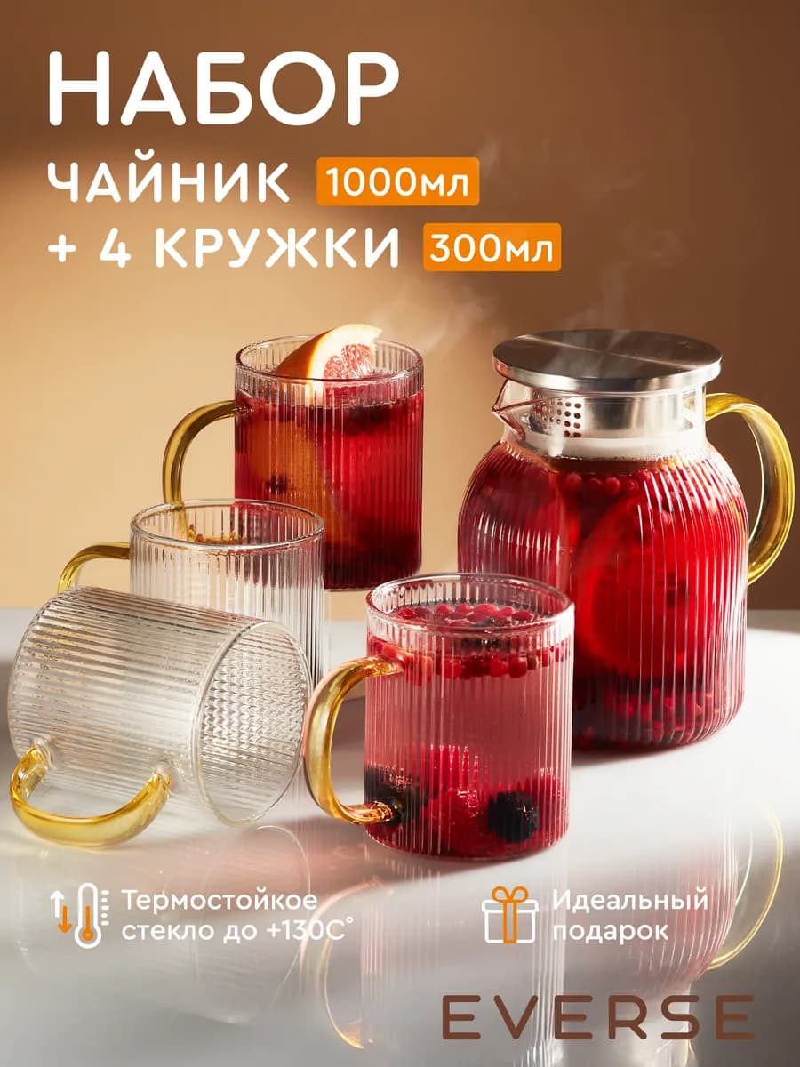 Чайный набор на 4 персоны чайник 1000 мл и кружки