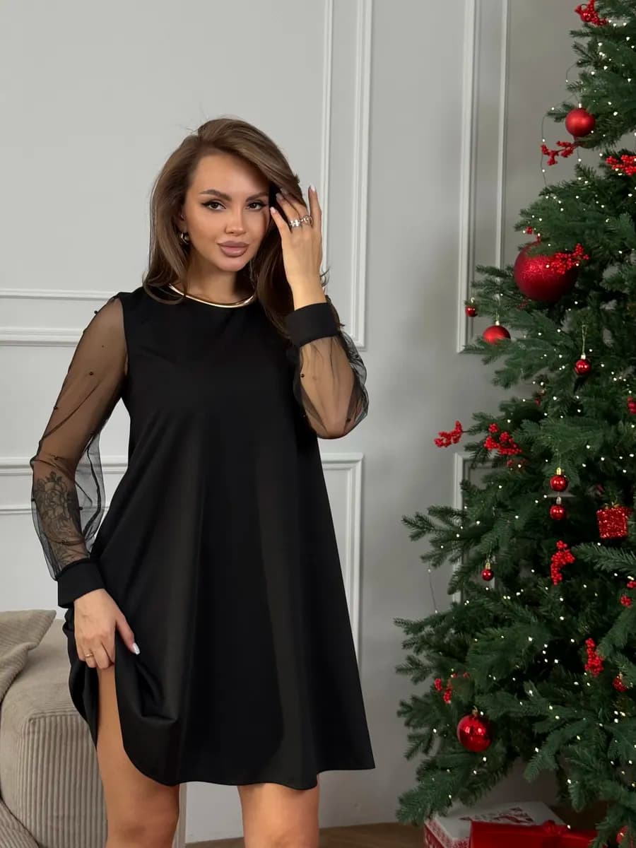 Платье трапеция праздничное нарядное с рукавами