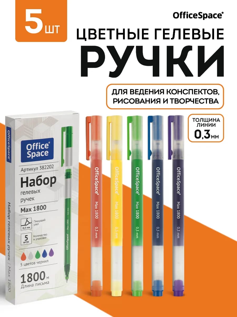Ручки гелевые цветные набор, 5 цветов