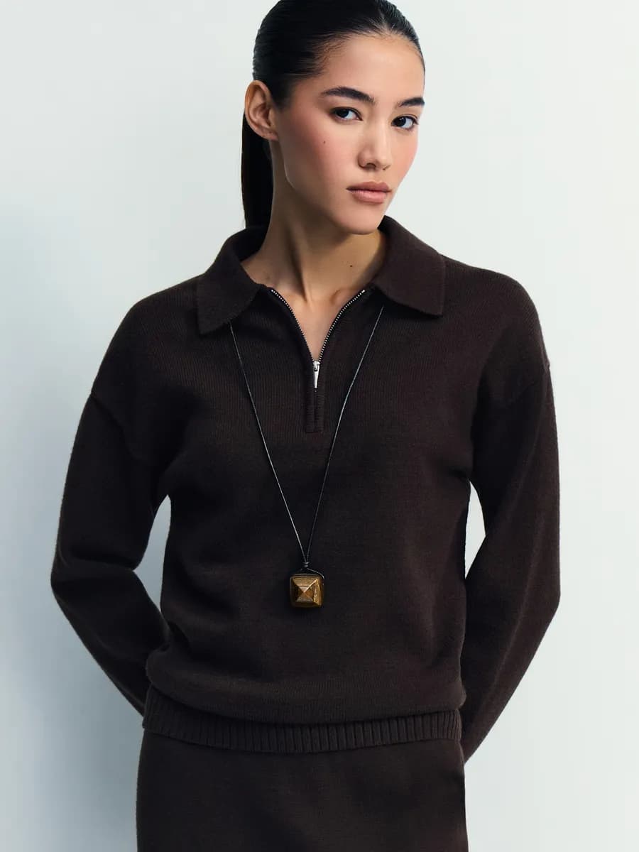 Джемпер поло вязаный теплый с молнией