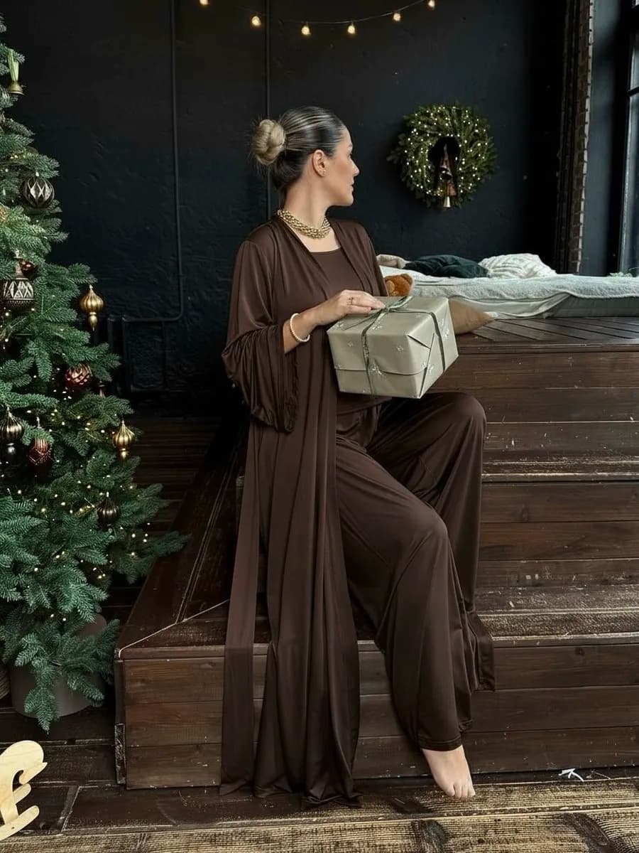 Пижама тройка со штанами майкой и длинным халатом домашняя