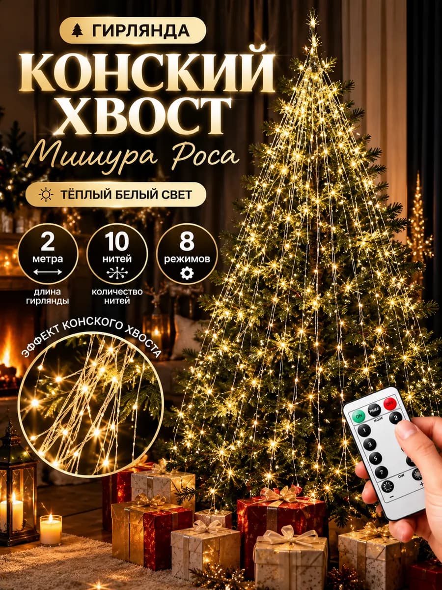 Светодиодная гирлянда конский хвост мишура хвойная лапа 2м