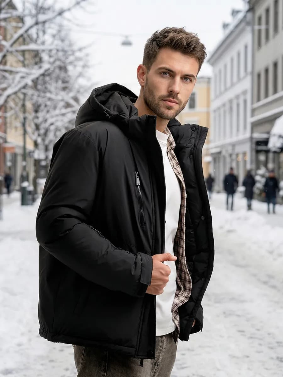 Куртка мужская зимняя с капюшоном черная с карманом