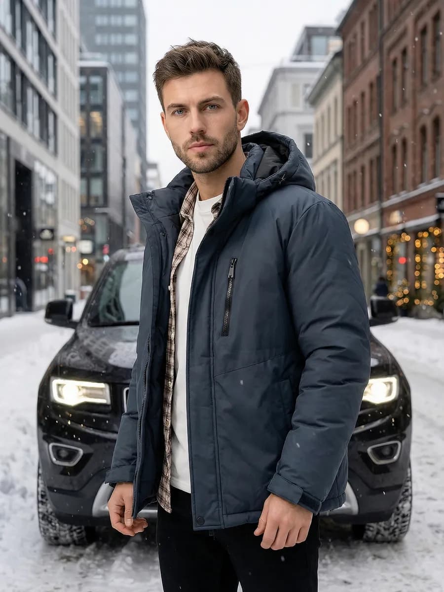 Куртка мужская зимняя с капюшоном серая с карманом