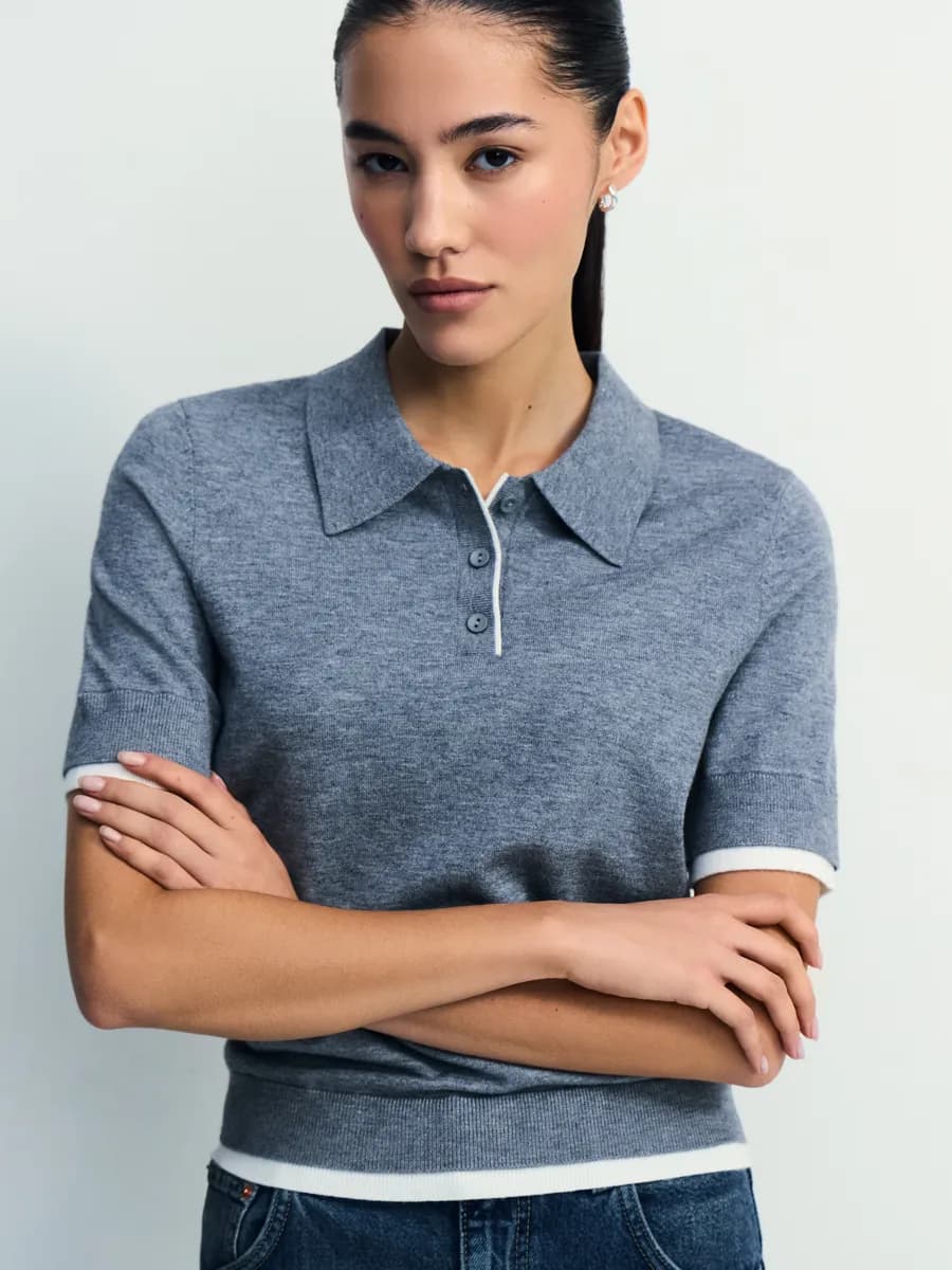 Джемпер поло вязаный из вискозы с короткими рукавами