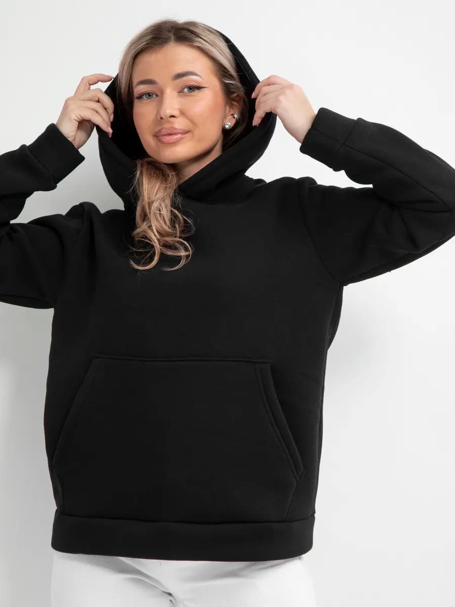 Худи черное оверсайз с капюшоном теплое с начесом