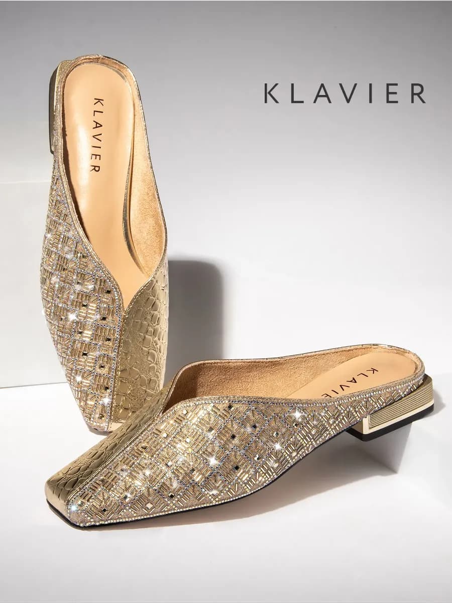 Мюли золотистые со стразами женские на низком каблуке