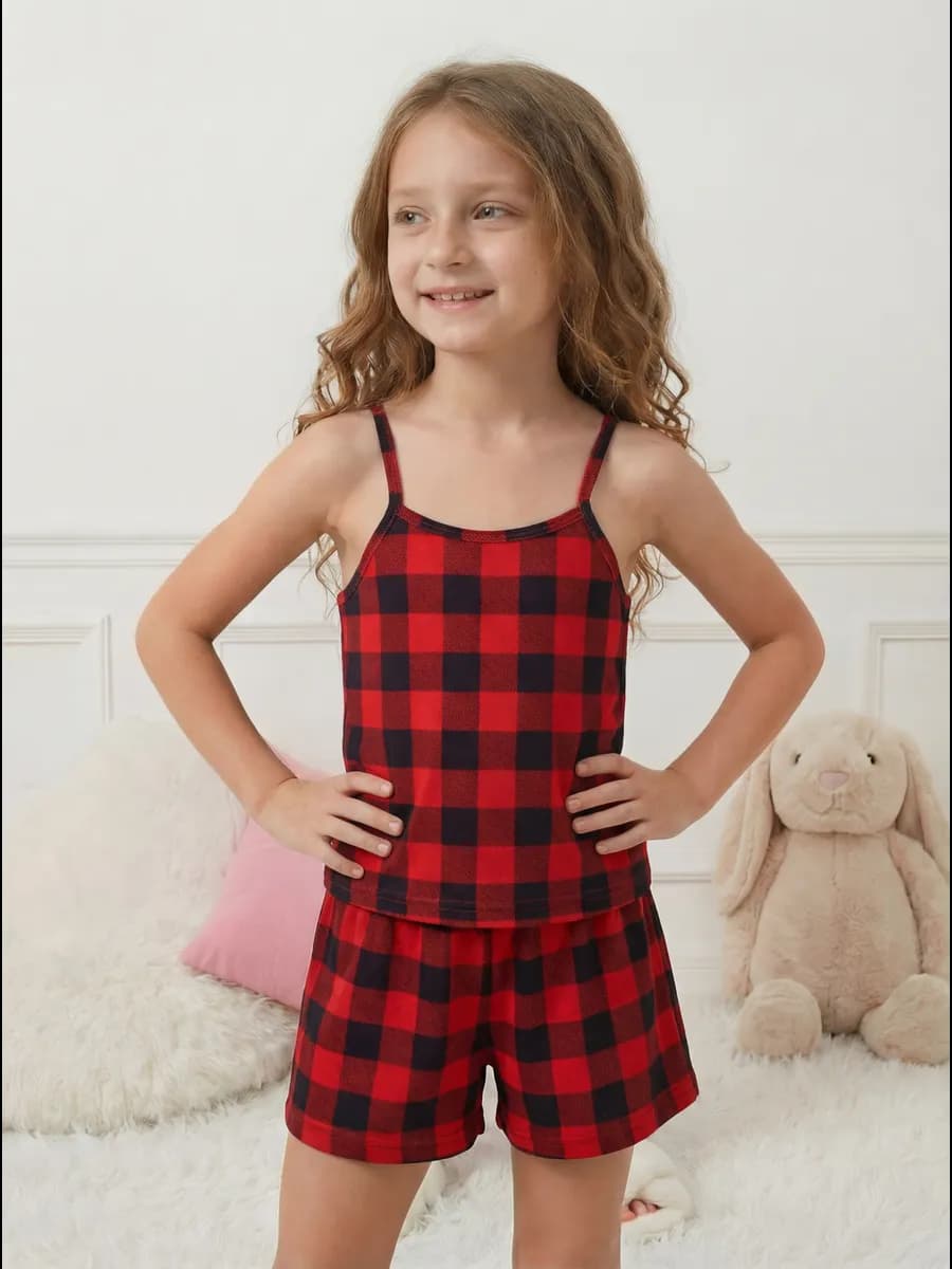 Пижама детская с шортами новогодняя в клетку домашняя
