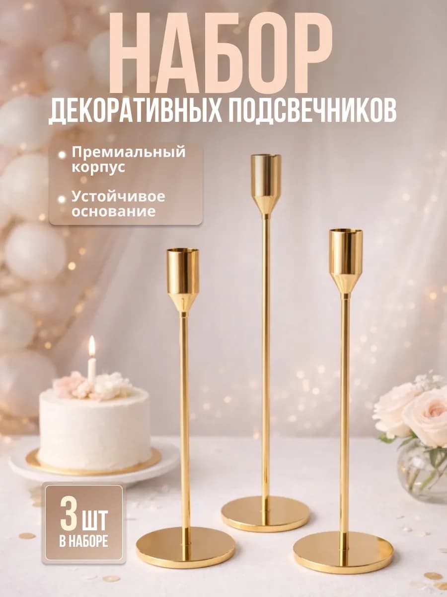 Набор подсвечников 3 шт металлические золотые