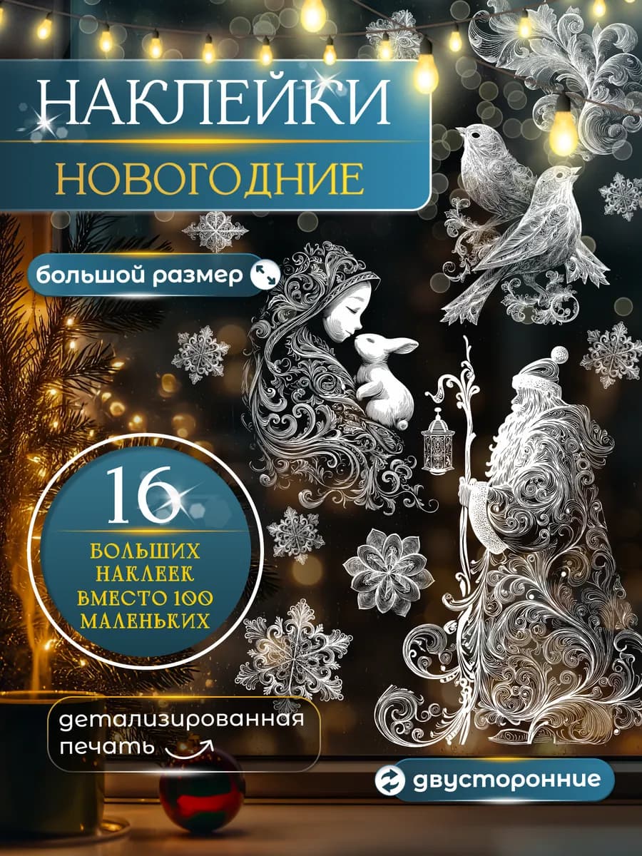 Новогодние наклейки на окна двусторонние Снегурочка