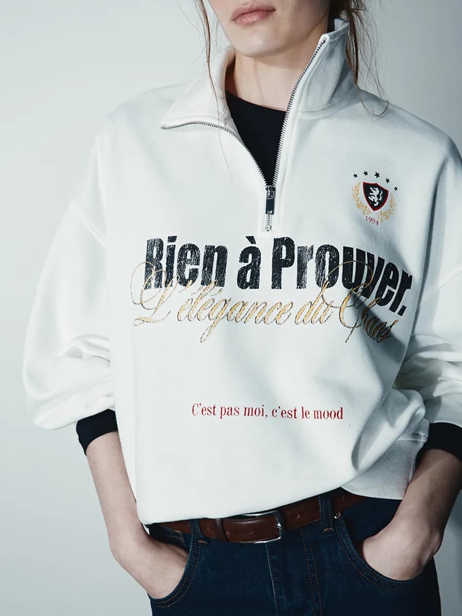 Свитшот с принтом с воротником на молнии