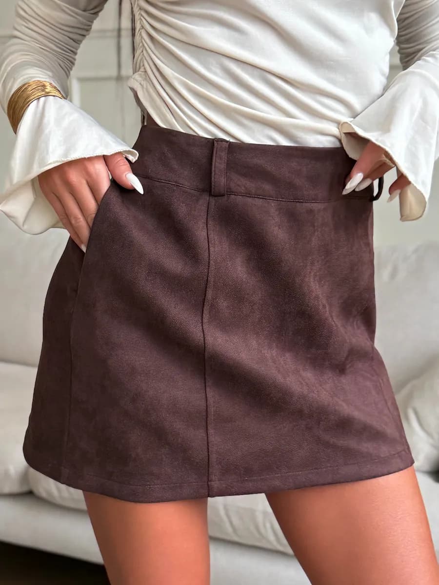 Юбка офисная коричневая стильная трапеция мини замша