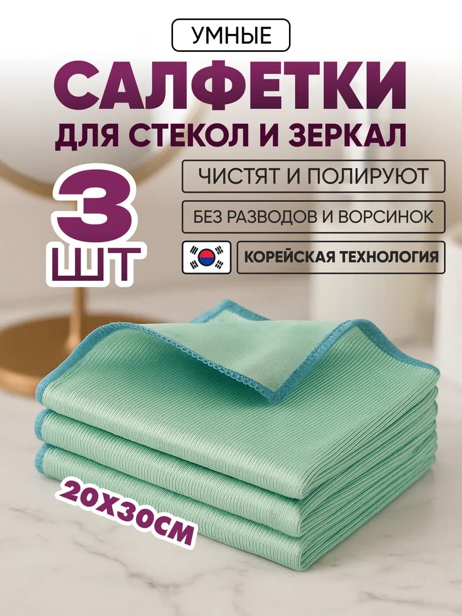 Умная тряпка для стекол и зеркал без разводов 3 шт