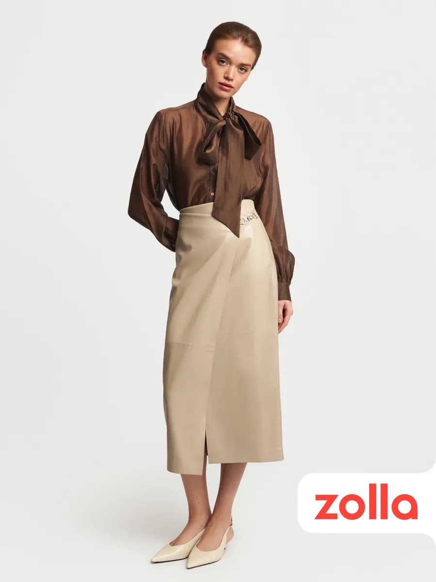 Женская прямая юбка из экокожи с запахом