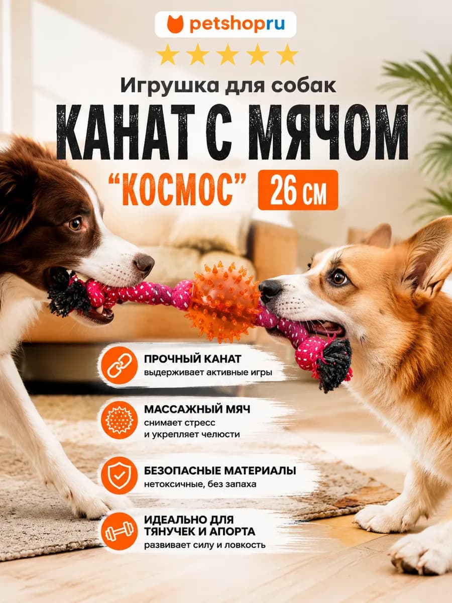 Игрушка для собак канат с мячом “Космос”, 26 см