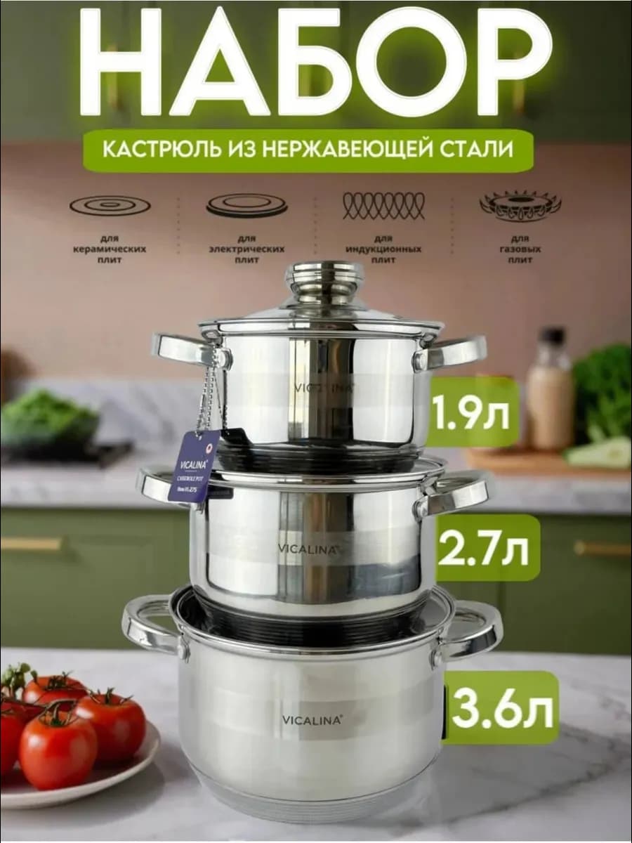 Набор кастрюль со стеклянными крышками стальные 3 штуки