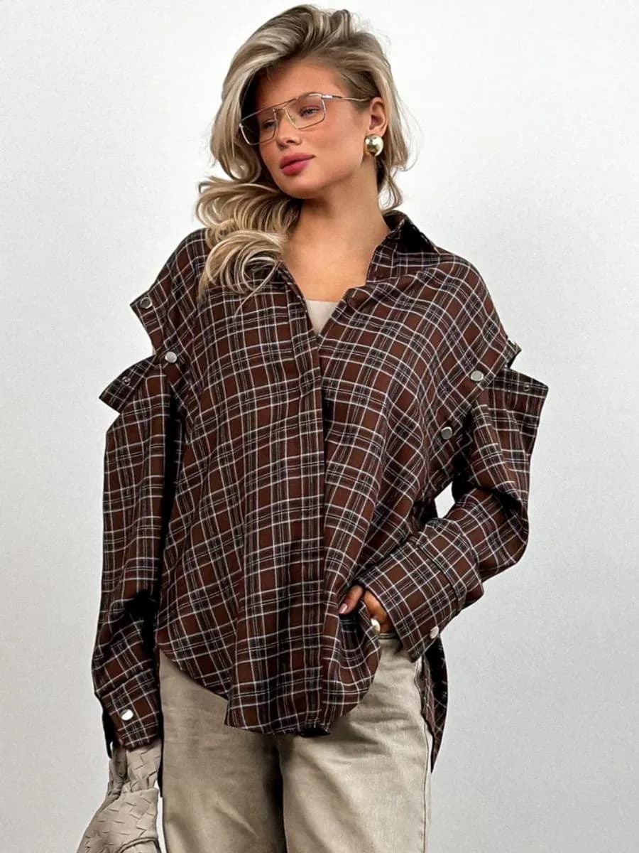 Рубашка в клетку со съемными рукавами оверсайз - фото 1