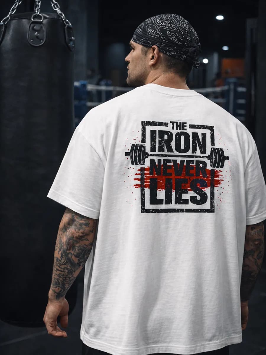 Плотная футболка оверсайз белая с принтом IRON NEVER LIES