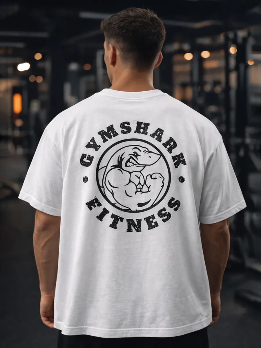 Плотная футболка оверсайз белая с принтом GYMSHARK FITNES