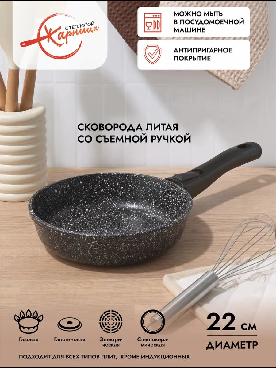 Сковорода 22 см со съемной ручкой и антипригарным покрытием