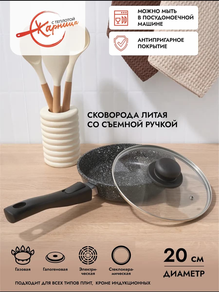 Сковорода 20 см маленькая с крышкой и съемной ручкой - фото 1