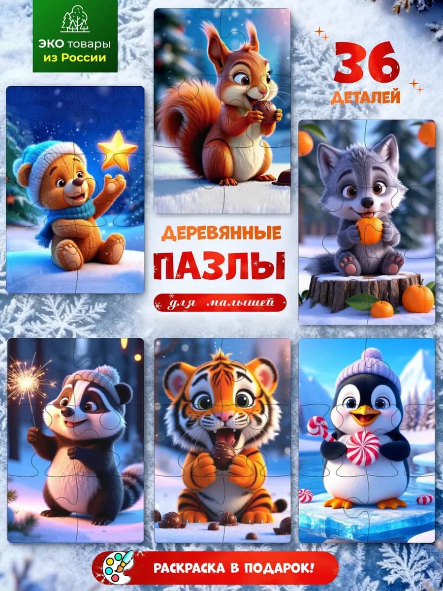 Деревянные пазлы для детей 3-4 лет 6шт в наборе