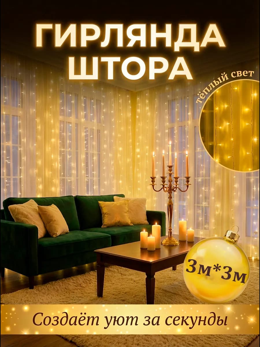 Гирлянда Штора 3 на 3 м теплый свет