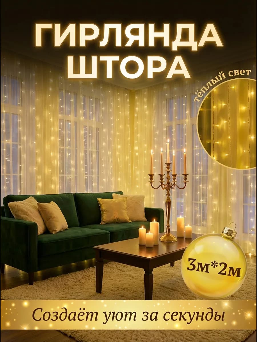 Гирлянда Штора 3 на 2 м теплый свет