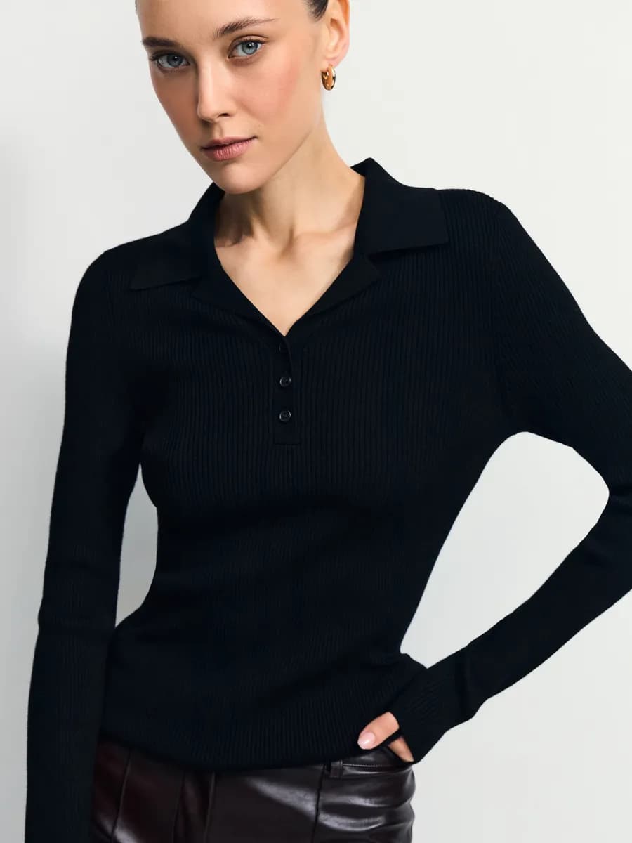 Джемпер поло тонкий вязаный с длинным рукавом - фото 1