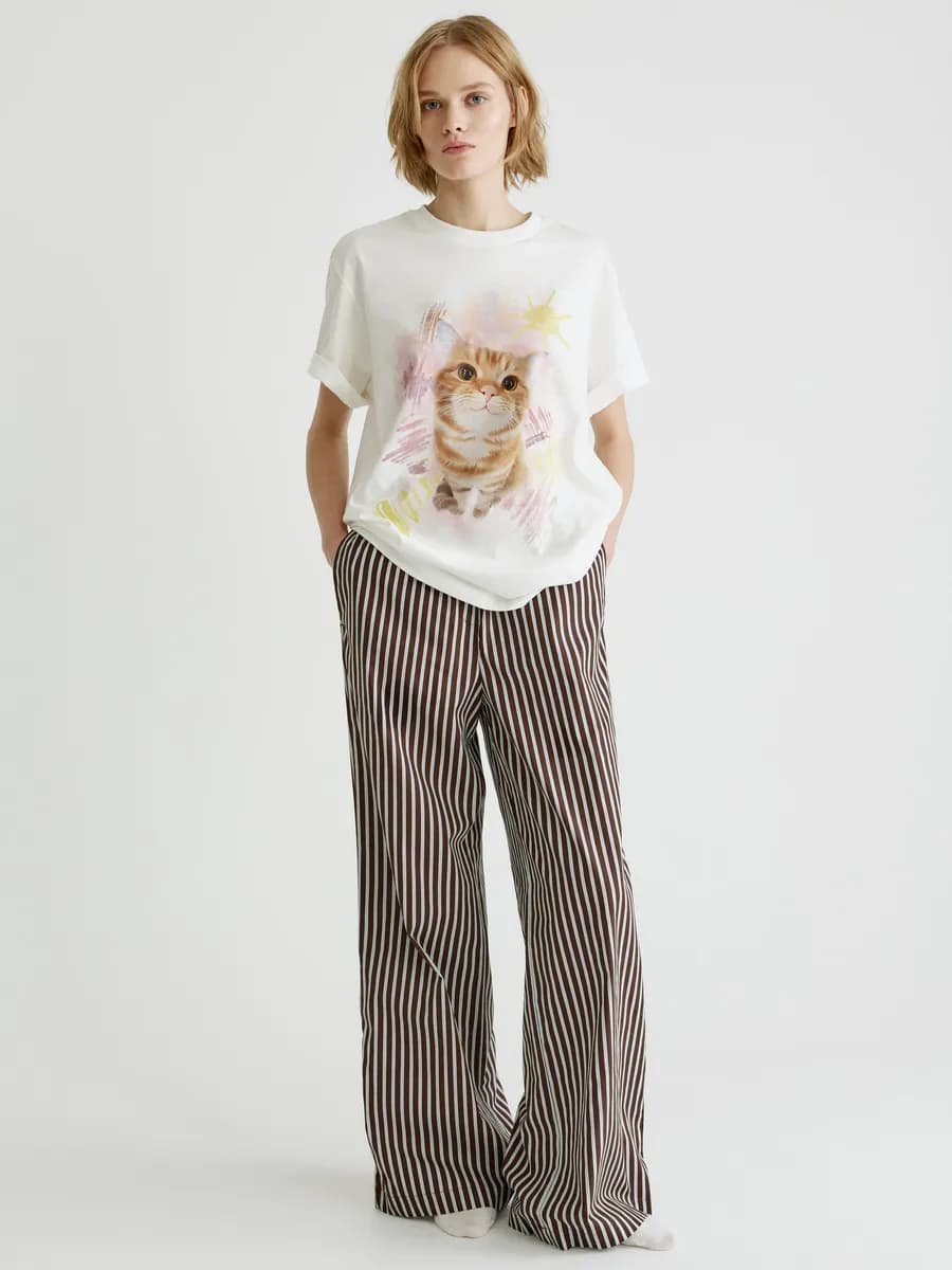 Домашние женские брюки из хлопка в полоску