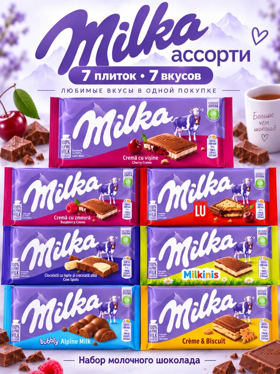 Шоколад набор ассорти 7 плиток молочный с начинками