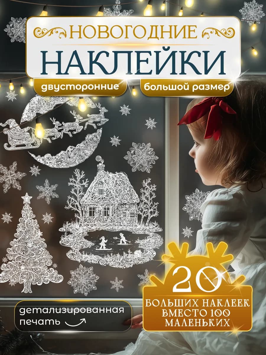 Новогодние наклейки на окна двусторонние Дед мороз и Луна