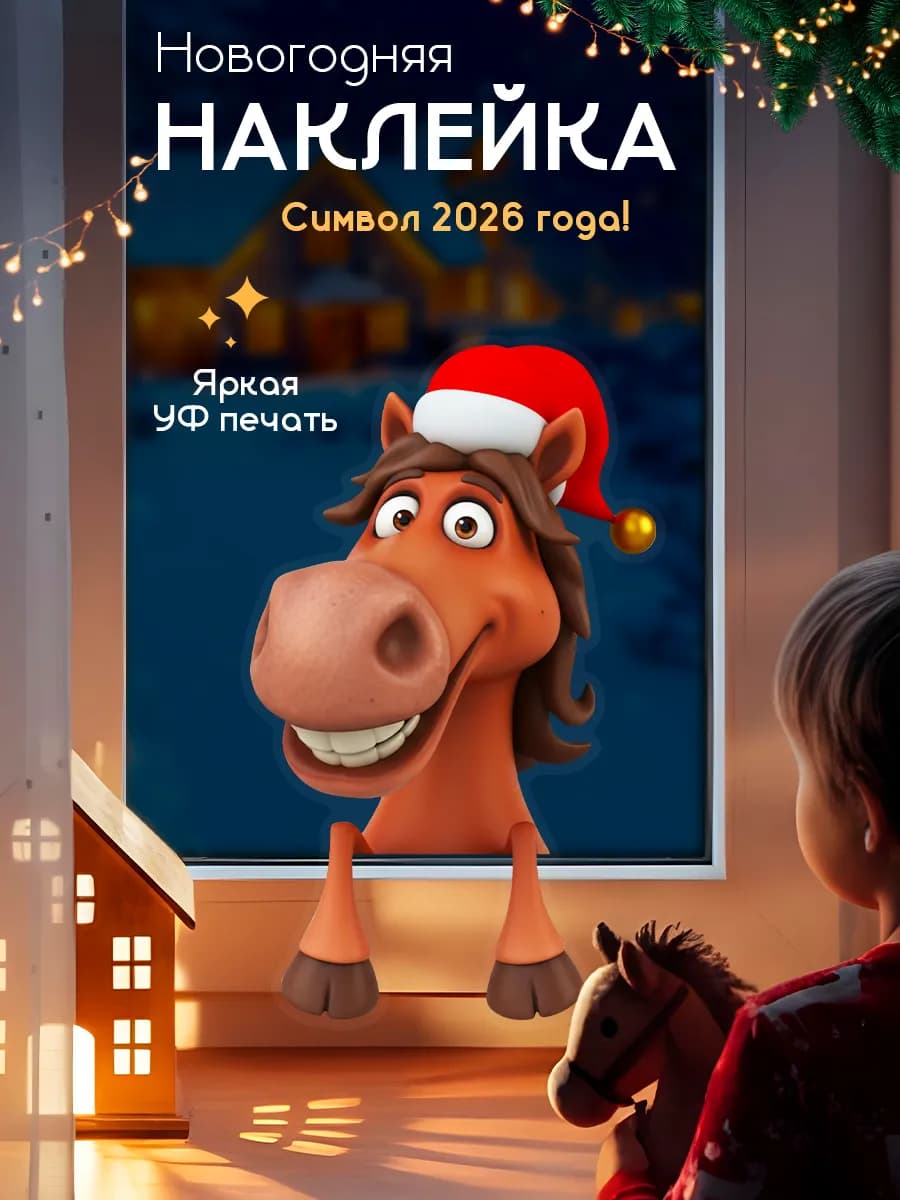 наклейки новогодние на окна символ года 2026 лошадь