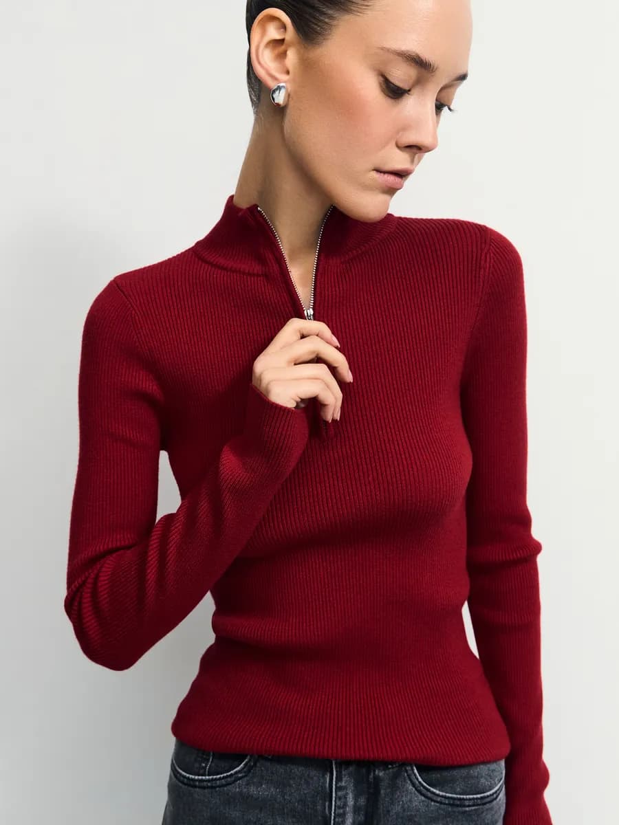 Джемпер тонкий в рубчик с молнией с длинным рукавом