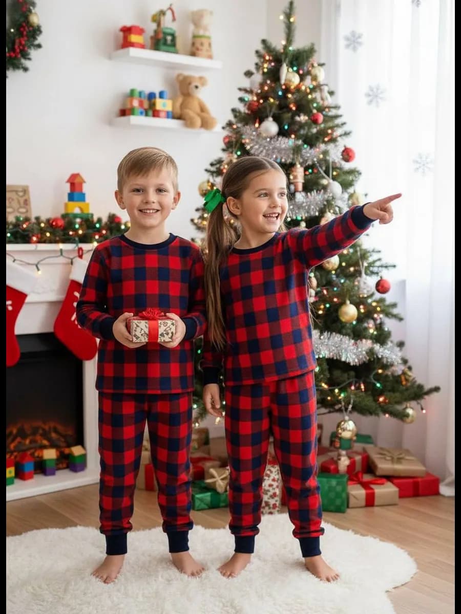 Теплая новогодняя пижама в клетку - фото 1