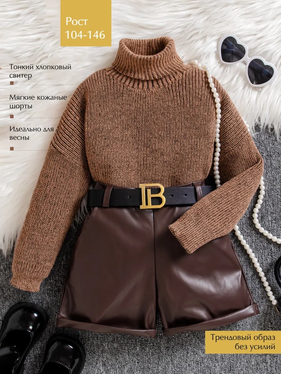 Костюм нарядный свитер и кожаные шорты, комплект