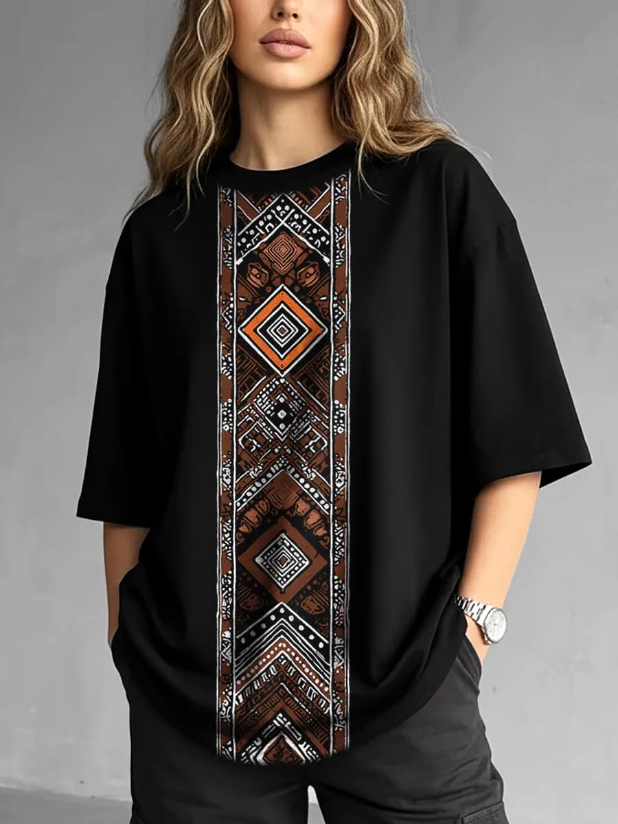 Футболка черная оверсайз Паттерн Бохо