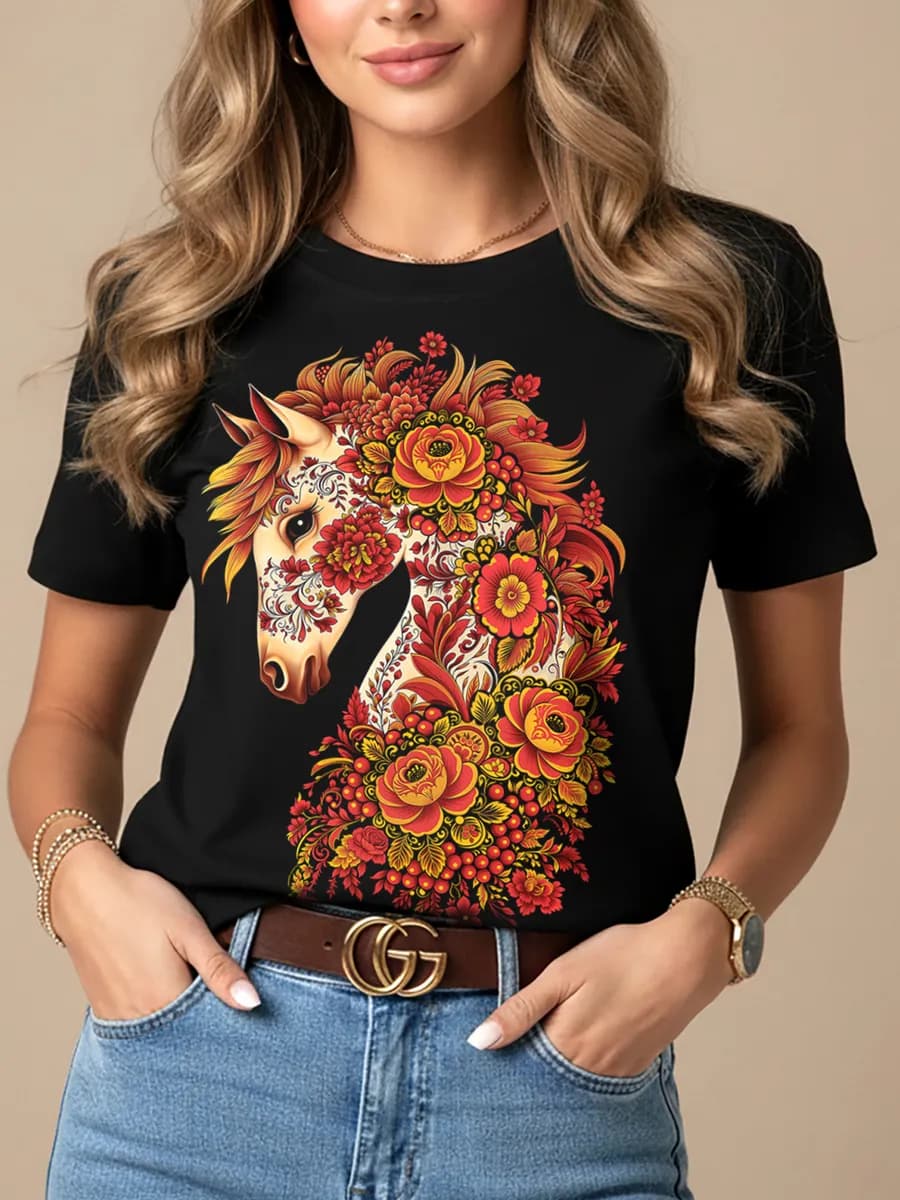 Новогодняя футболка 2026 со светящимся принтом Лошадки