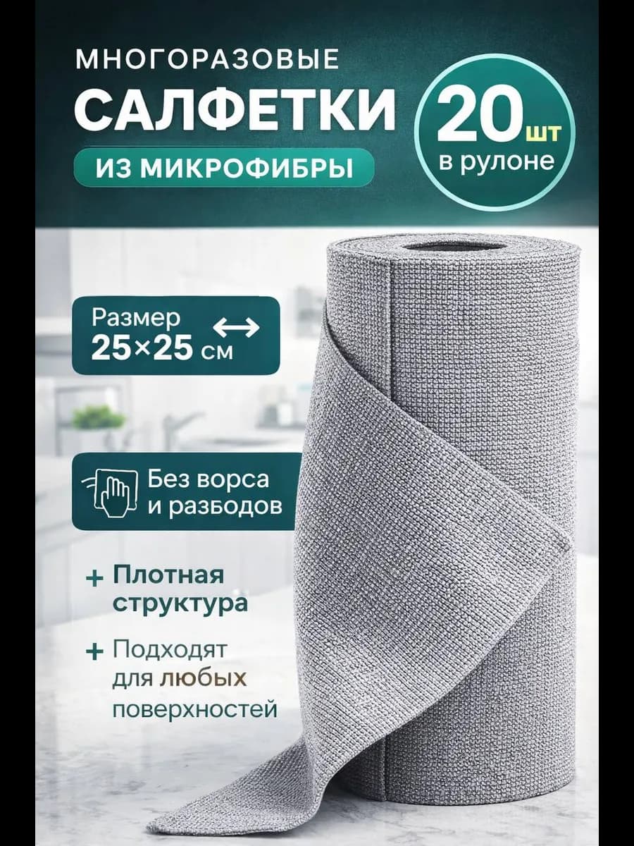 Кухонные салфетки для уборки из микрофибры в рулоне