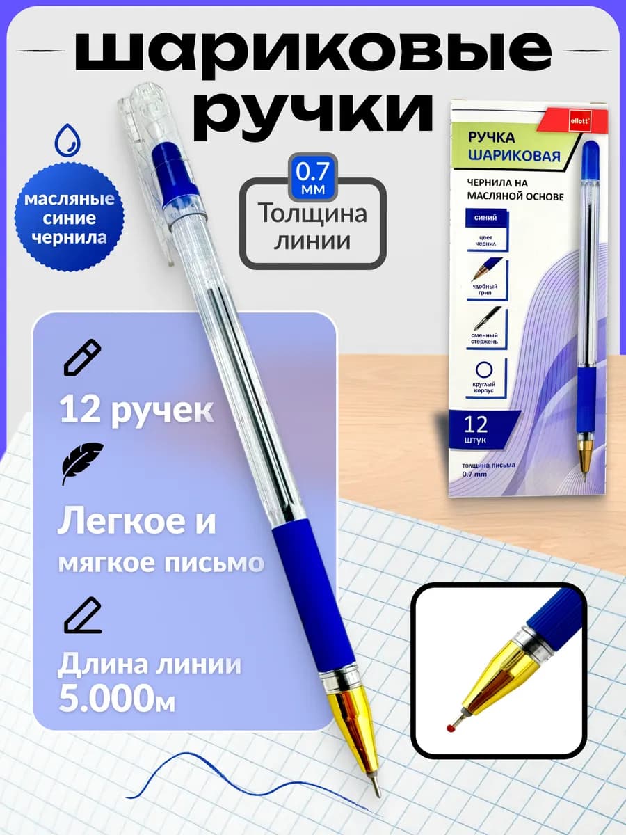 Ручки шариковые синие набор для школы 12 шт