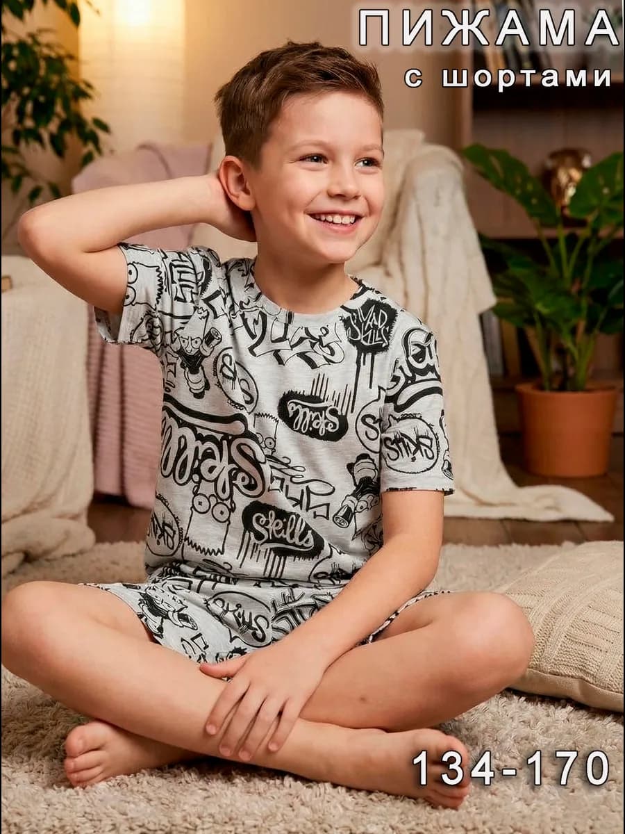 Пижама с шортами и футболкой стильная свободная, хлопок