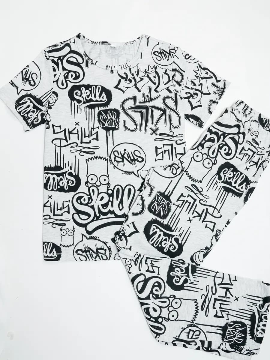 Пижама со штанами и футболкой стильная свободная, хлопок