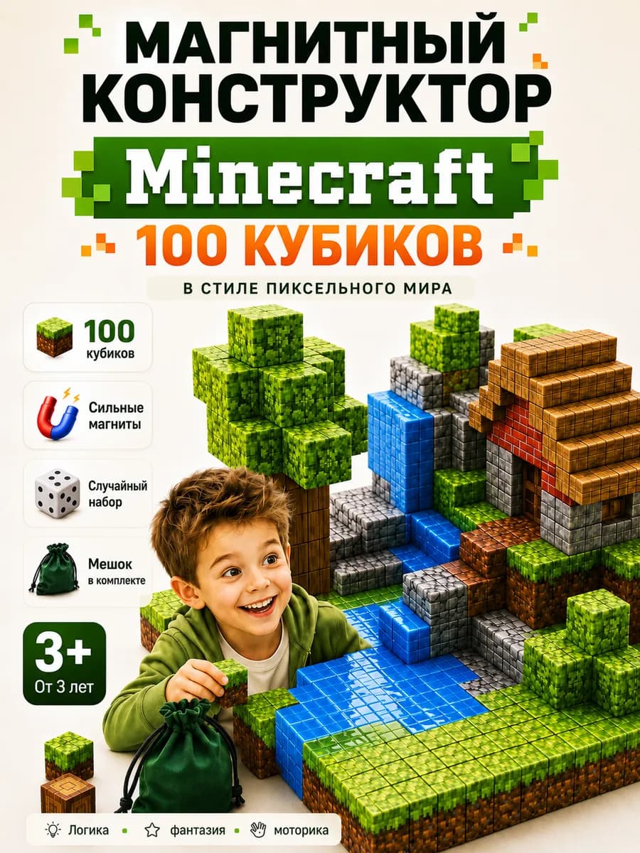 Магнитный конструктор Minecraft кубики 3+