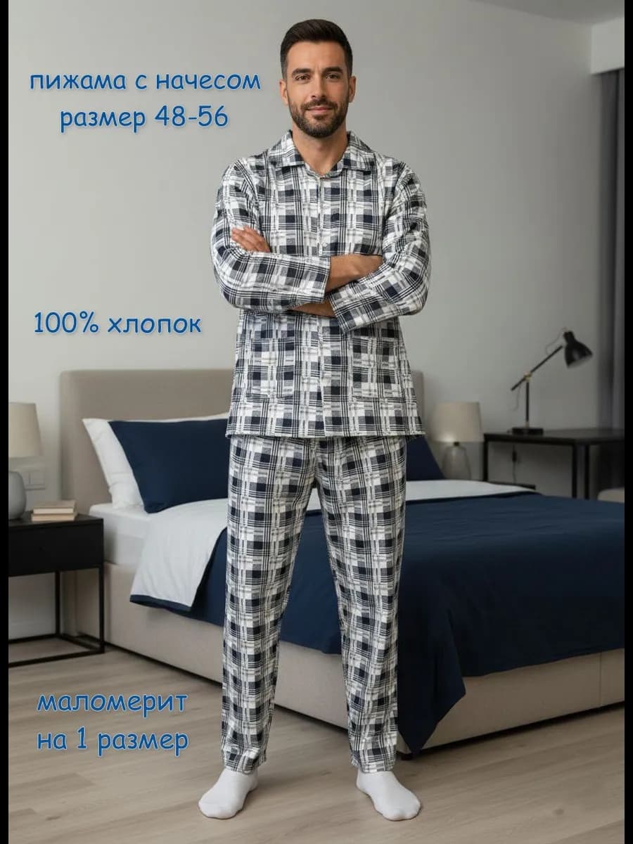 пижама мужская с начесом на пуговицах - фото 1