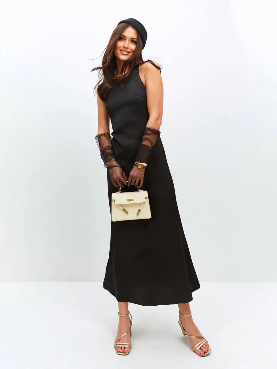 Вечернее атласное платье комбинация макси