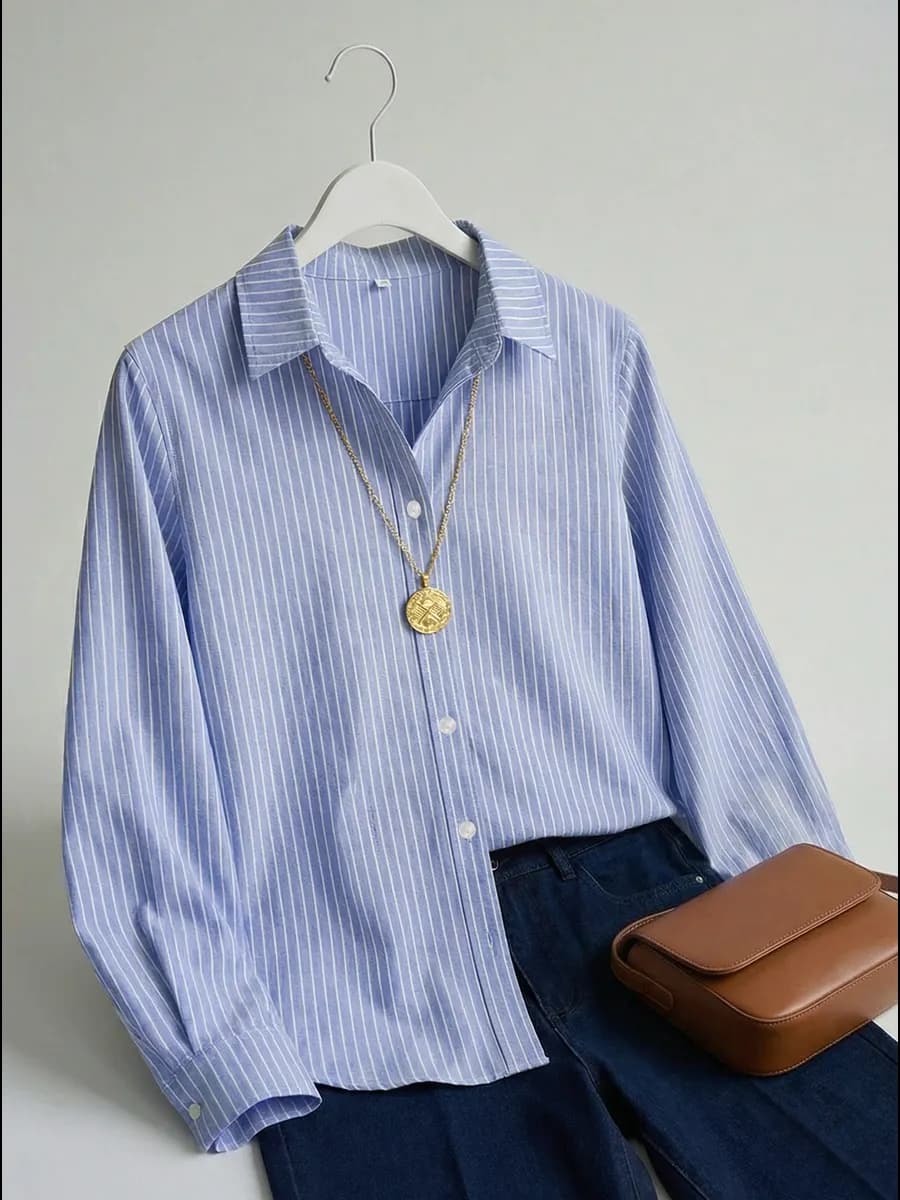 Голубая рубашка в полоску нарядная вечерняя хлопковая