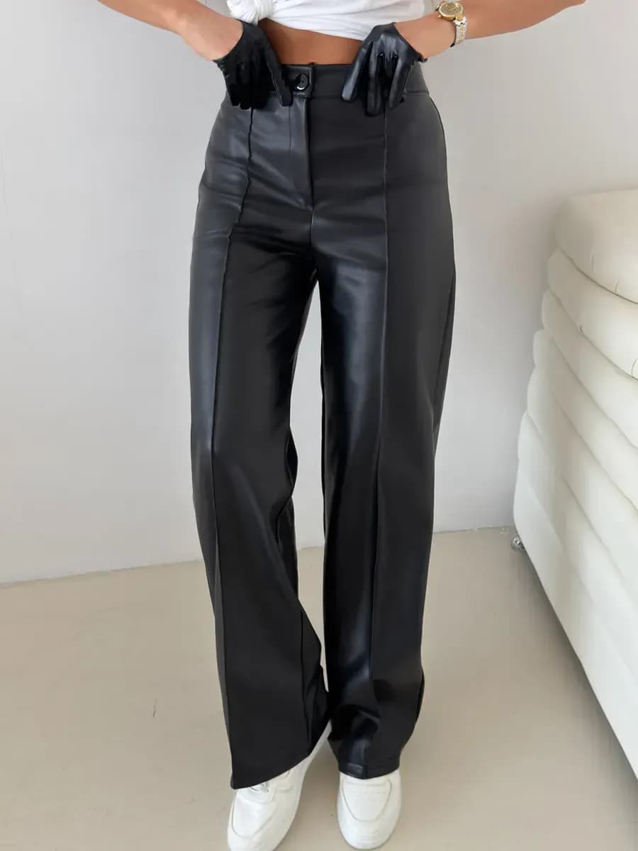 Брюки кожаные утепленные с высокой посадкой