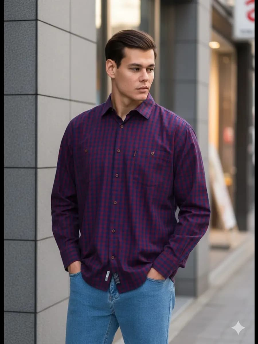 Рубашка в клетку повседневная с длинным рукавом