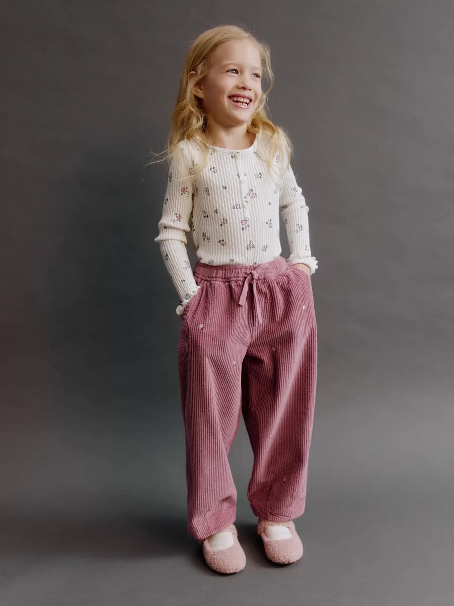 Вельветовые брюки свободные на резинке розовые - фото 1