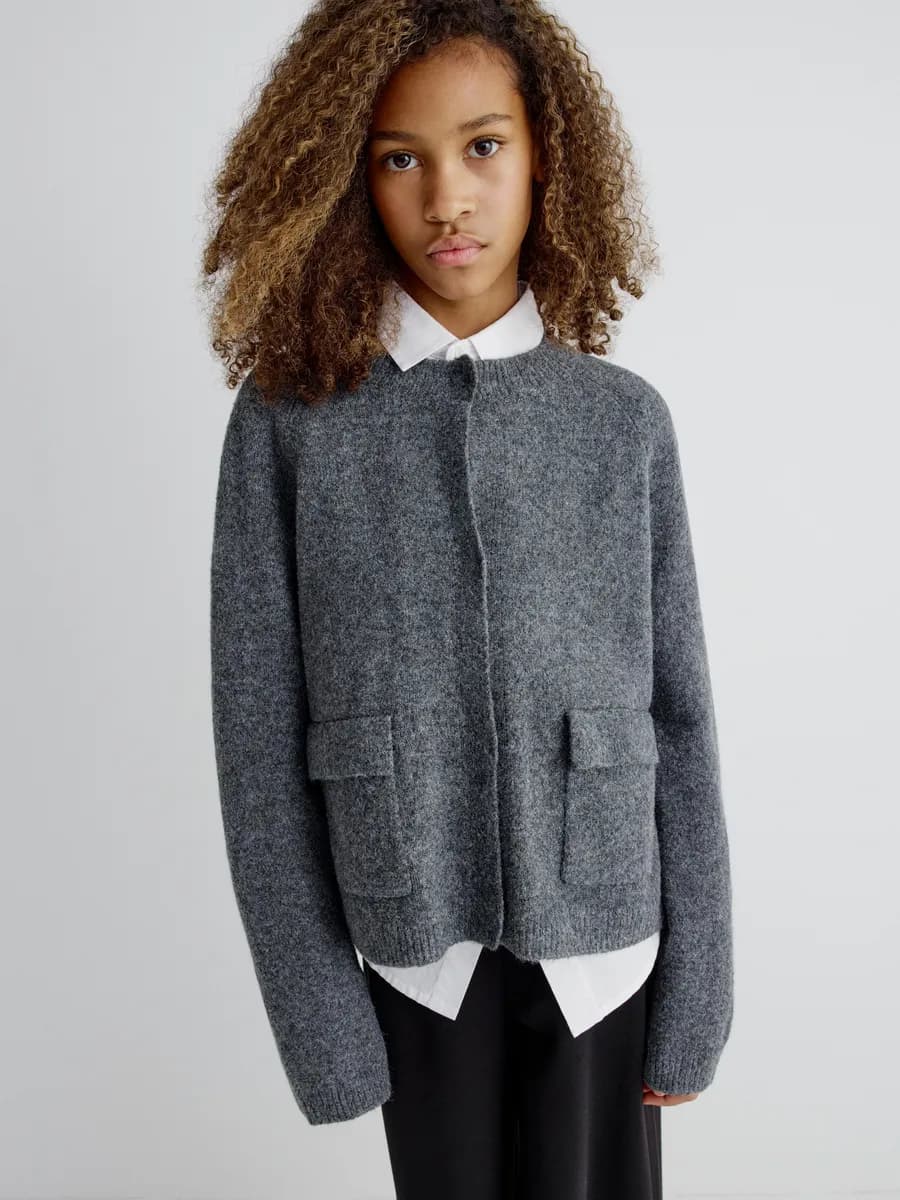 Вязаный кардиган теплый шерстяной серый с карманами